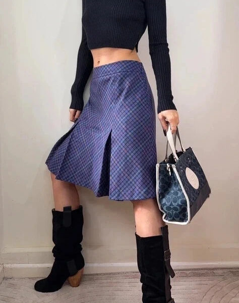 Marks & Spencer purple wool cashmere check pleated midi tartan skirt UK 12 W32