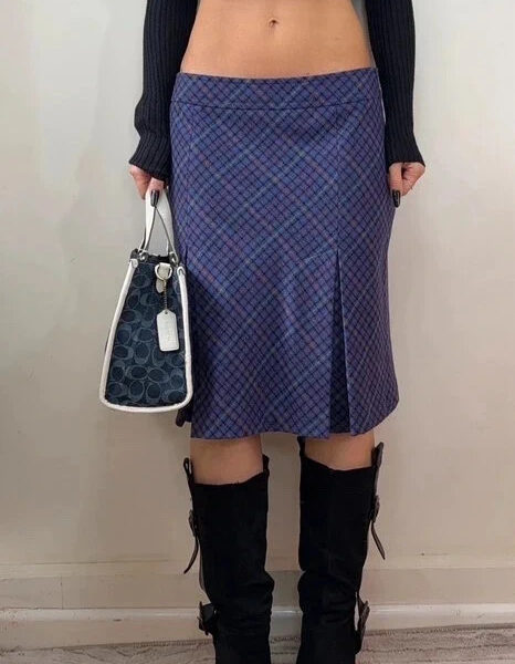 Marks & Spencer purple wool cashmere check pleated midi tartan skirt UK 12 W32