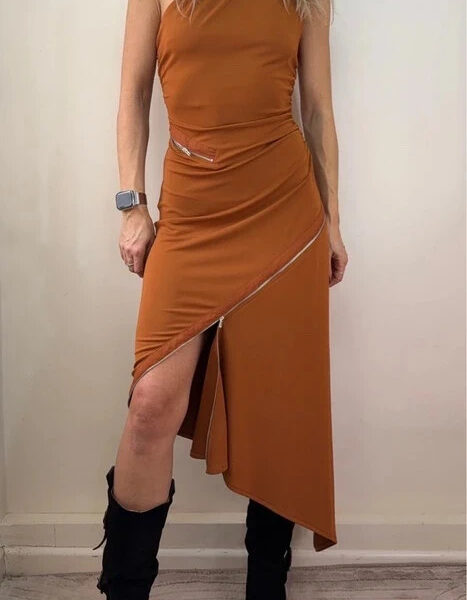 Zara rust orange asymmetric zip one shoulder midi dress UK 8-10 grunge fitted