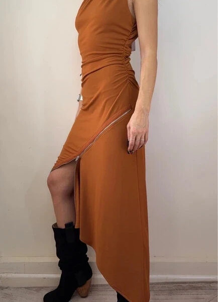 Zara rust orange asymmetric zip one shoulder midi dress UK 8-10 grunge fitted