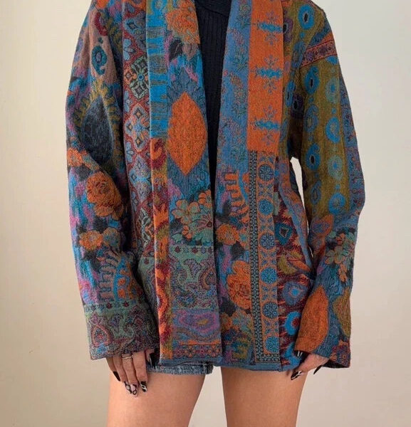 Atelier Lila Womens 100% wool multicolour paisley open front jacket UK 8-12