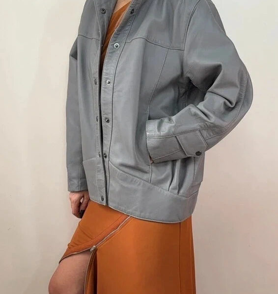 Brooke Saddler Womens leather grey jacket UK 10–12 90s oversized pleated biker