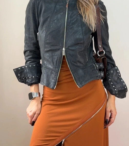 Karen Millen Womens black lamb leather studded fitted biker buckle jacket UK 8