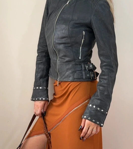 Karen Millen Womens black lamb leather studded fitted biker buckle jacket UK 8