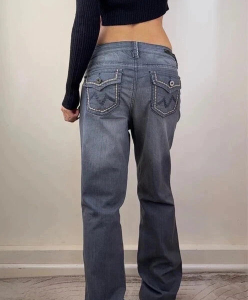 Royalty Womens low rise 9.5” grey bootcut flared jeans W33 L33 UK 14 embroidered
