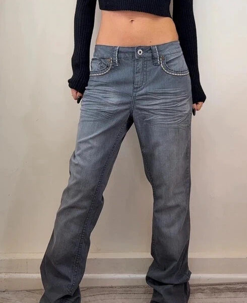Royalty Womens low rise 9.5” grey bootcut flared jeans W33 L33 UK 14 embroidered