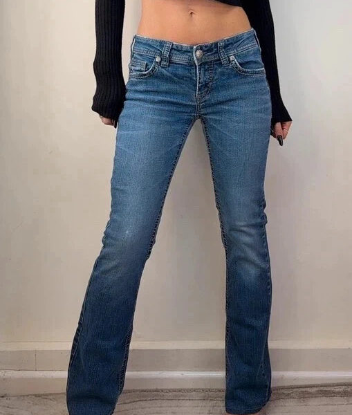 Silver Womens Flare low 7.5”rise blue jeans W27 L30.5 UK 8-10 embroidered stitch