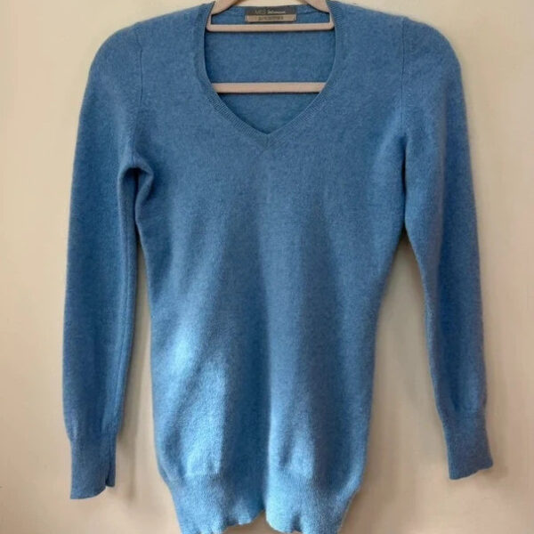 M&S Womens 100% Cashmere Powder Blue V-Neck Fitted Long Jumper Sweater UK 6-8
