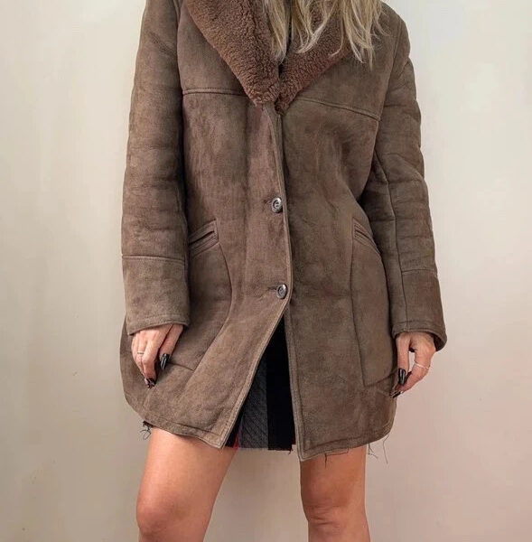 Aviator men's real sheepskin coat brown chunky suede leather jacket UK 12-14/M