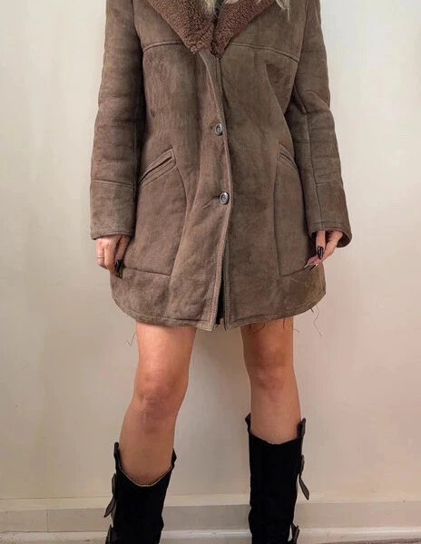 Aviator men's real sheepskin coat brown chunky suede leather jacket UK 12-14/M