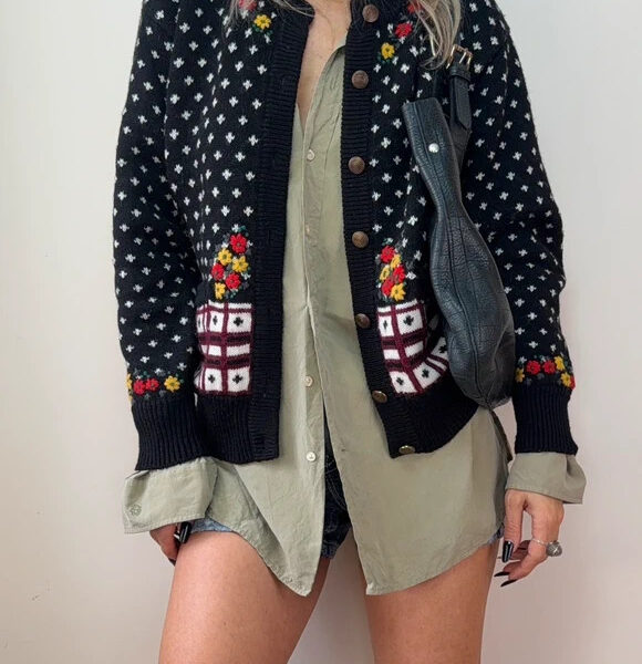 Anna Pure 100% New Wool Floral Embroidered Fair Isle Button Cardigan UK10-12 Crewneck Knit
