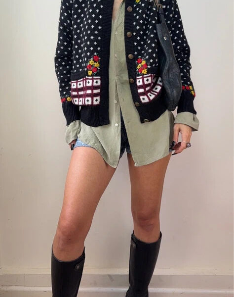 Anna Pure 100% New Wool Floral Embroidered Fair Isle Button Cardigan UK10-12 Crewneck Knit