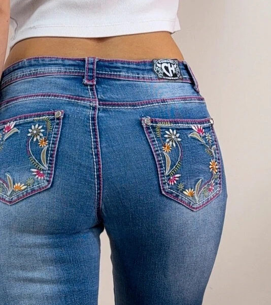 Cowgirl Womens embroidered floral bootcut jeans W28 L29.5 low rise 8” UK 8 y2k