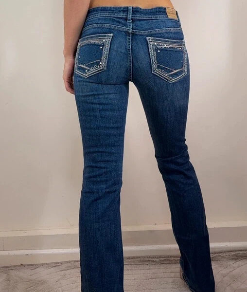Aeropostale Womens Bootcut low 7” rise blue jeans W30 L32.5 UK 8 embellished y2k