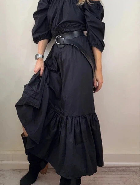 Love black cotton off shoulder puff sleeve maxi ruffle dress flare skirt UK 12