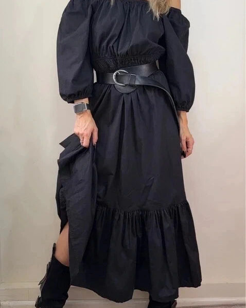 Love black cotton off shoulder puff sleeve maxi ruffle dress flare skirt UK 12