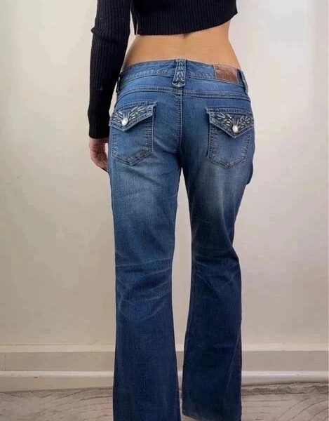 Maurices Womens Y2K low rise 7.5” bootcut flare jeans embroidered W33L29 UK 12