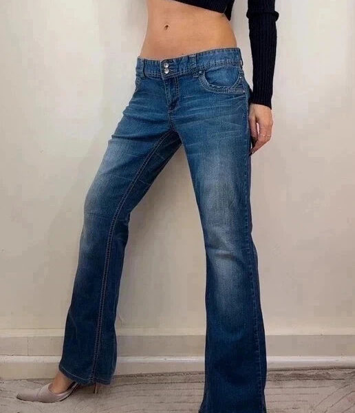 Maurices Womens Y2K low rise 7.5” bootcut flare jeans embroidered W33L29 UK 12