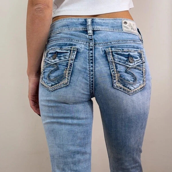 Silver Womens Flare low 8.5”rise light blue jeans W26 L31 UK 8 embroidered y2k