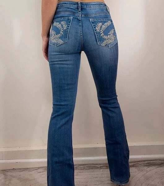 Vigoss Womens Flare low 8.5” rise blue jeans W26 L32 UK 8 embroidered floral y2k