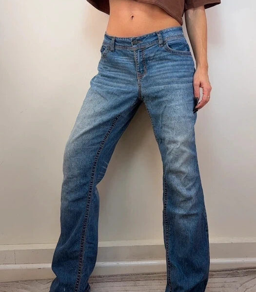 Lei Womens Low Rise 9” UK 16-18 W35 L30.5 Flare Embellished Rhinestone Jeans