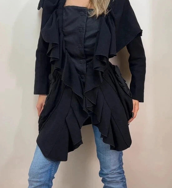 Marithé+François Girbaud Womens black wool ruffle fitted coat UK 8-10 jacket
