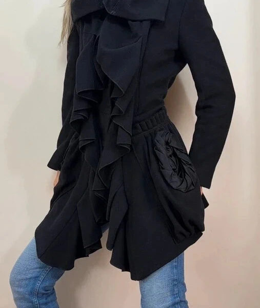 Marithé+François Girbaud Womens black wool ruffle fitted coat UK 8-10 jacket