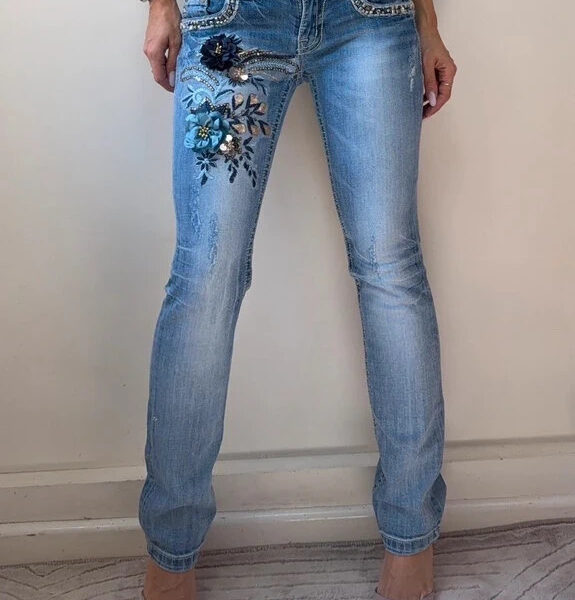 Miss Me Womens Custom Embroidery 3D Floral Low rise 7.5"Bootcut Jeans W27L30 UK8