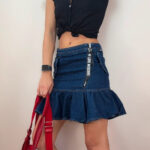 Love Moschino Dark Denim Low Rise Ruffle Mini Fitted Skirt UK 8-10 W28 Y2K Preppy