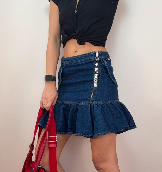 Love Moschino Dark Denim Low Rise Ruffle Mini Fitted Skirt UK 8-10 W28 Y2K Preppy