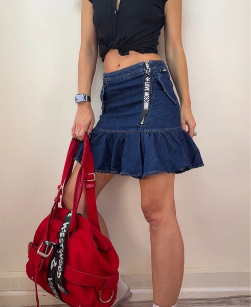 Love Moschino Dark Denim Low Rise Ruffle Mini Fitted Skirt UK 8-10 W28 Y2K Preppy