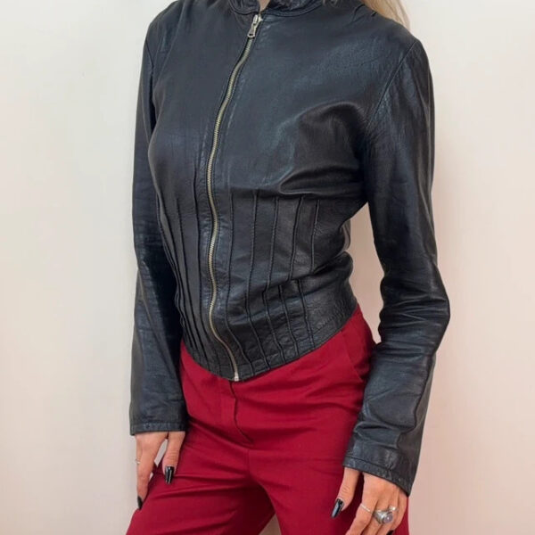 Kookai Womens Black Leather Fitted Corset Jacket UK 10-12 Pleated Zip Moto Biker