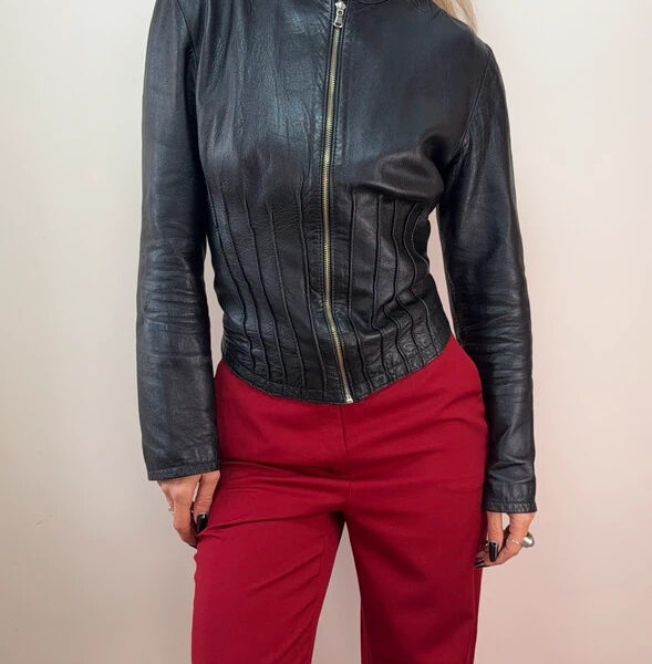 Kookai Womens Black Leather Fitted Corset Jacket UK 10-12 Pleated Zip Moto Biker