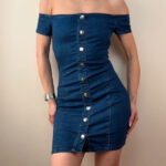 Guess Womens Blue Denim Off Shoulder Button Mini Bodycon Dress UK 6-8 Vintage