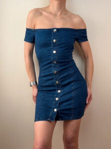 Guess Women's Blue Denim Off Shoulder Button Mini Bodycon Dress