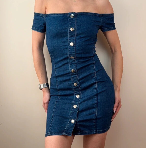 Guess Womens Blue Denim Off Shoulder Button Mini Bodycon Dress UK 6-8 Vintage