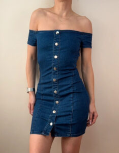 Guess Women's Blue Denim Off Shoulder Button Mini Bodycon Dress — photo 3 of 10