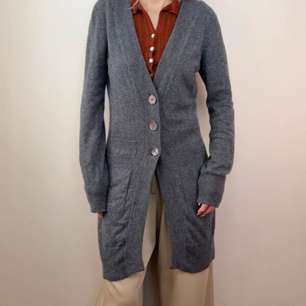 Repeat Pure Cashmere longline cardigan grey minimalist quiet luxury spring knit