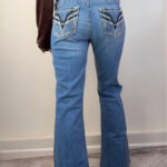 Amethyst Womens Flare low 8”rise blue jeans W33 L30 UK 12 embroidered rhinestone