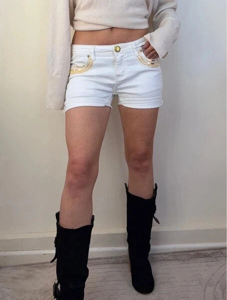 Apple Bottoms Womens Low 7.5”Rise White Denim Shorts UK 8-10 W30L4 Embellished