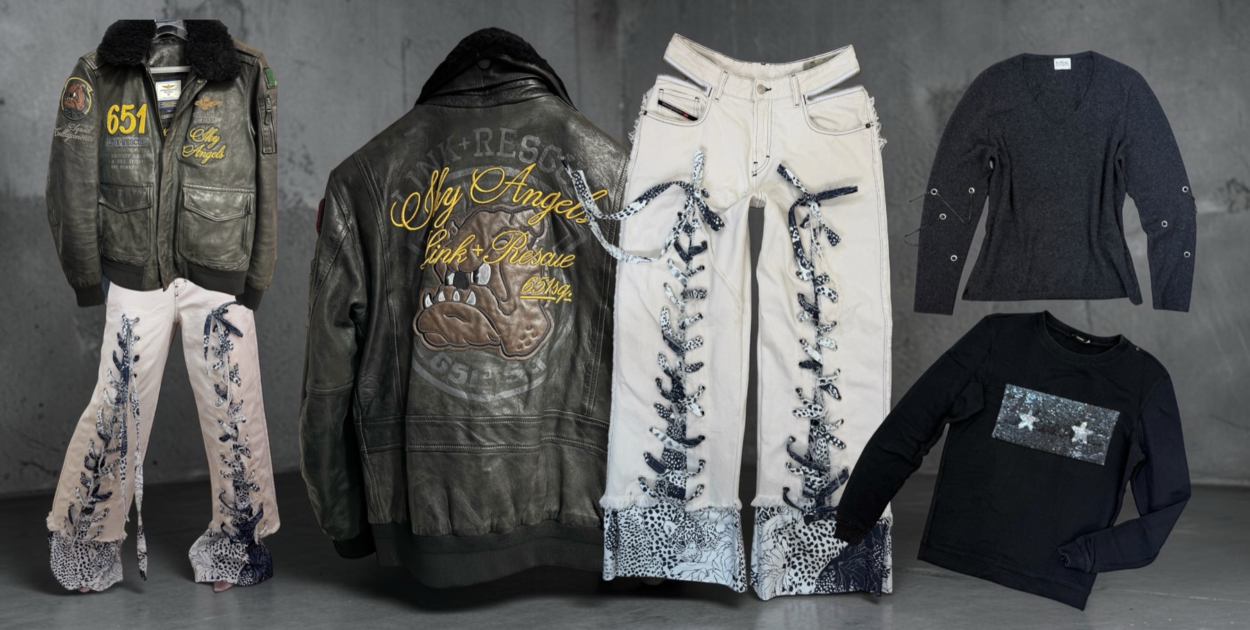 An Aeronautica Militare leather and shearling aviator jacket styled with white custom Diesel lace-up jeans, a grey N.Peal cashmere jumper with chain detail and a black Diesel sequin sweatshirt