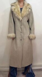 Balmain womens Y2K Beige Faux Shearling Fur Afghan Penny Lane Long Coat