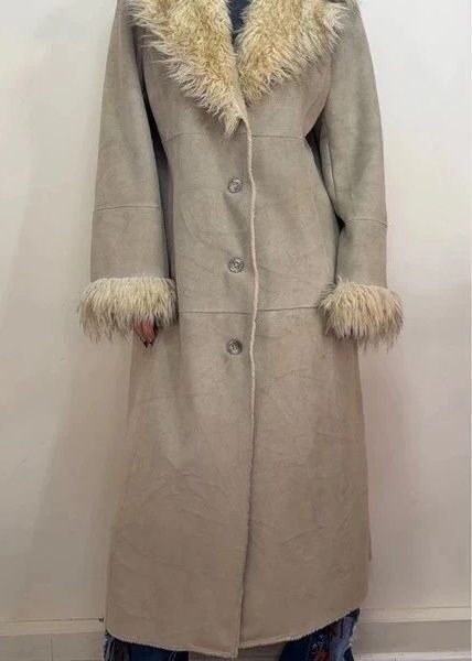 Balmain womens Y2K Beige Faux Shearling Fur Afghan Penny Lane Long Coat UK 10-12