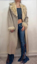 Balmain womens Y2K Beige Faux Shearling Fur Afghan Penny Lane Long Coat — photo 2 of 15