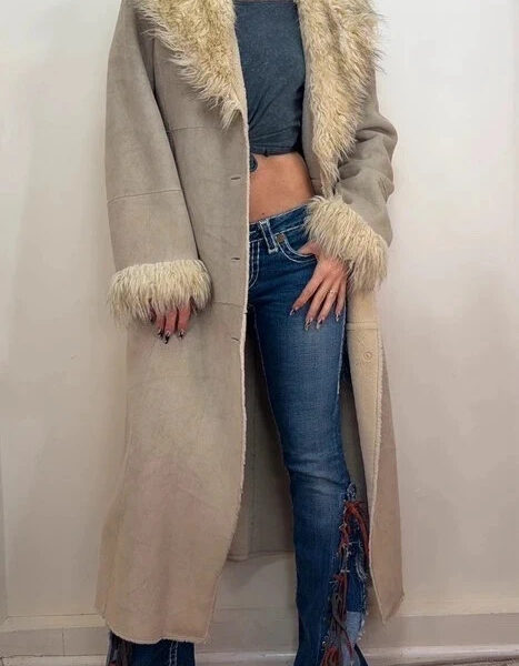 Balmain womens Y2K Beige Faux Shearling Fur Afghan Penny Lane Long Coat UK 10-12