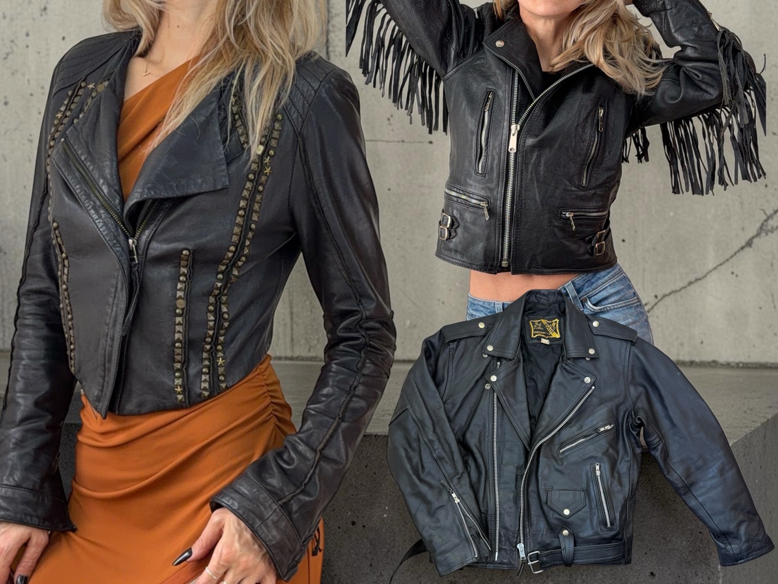 Black leather biker jackets worn: a cropped biker with rows of studs over a rust dress, a fringed biker over jeans, and a classic belted biker