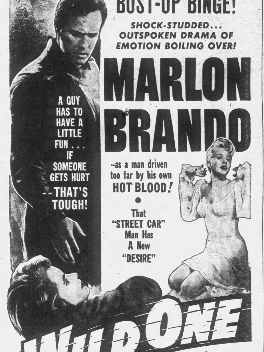 A 1953 newspaper advertisement for The Wild One showing Marlon Brando in a black leather jacket