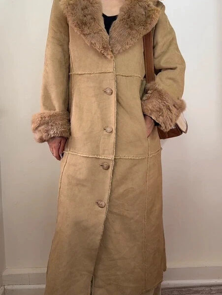 Chantal Rosner Womens Y2K Penny Lane Afghan Fur Long Coat UK 12/14 Maxi Beige