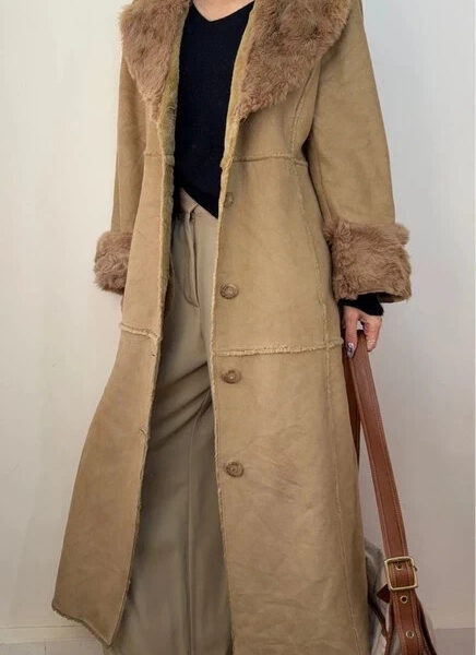 Chantal Rosner Womens Y2K Penny Lane Afghan Fur Long Coat UK 12/14 Maxi Beige