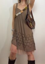 Chloe 100% silk slip flared strappy dress beige pink sheer embroidered